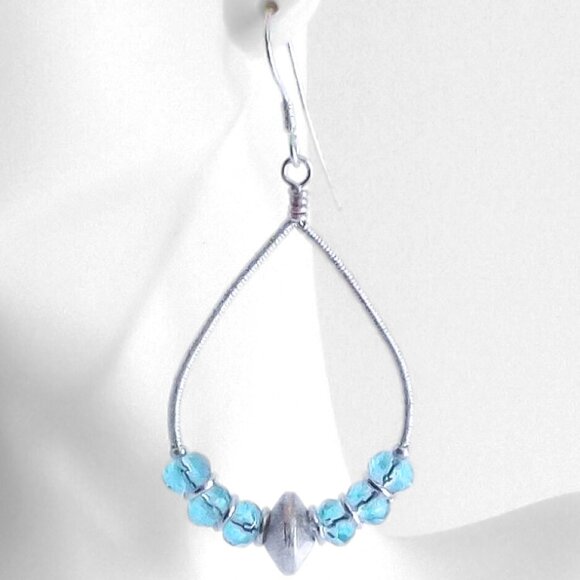 Aqua Blue Silver Wire Wrapped Teardrop Hoop Earrings - Picture 2 of 3